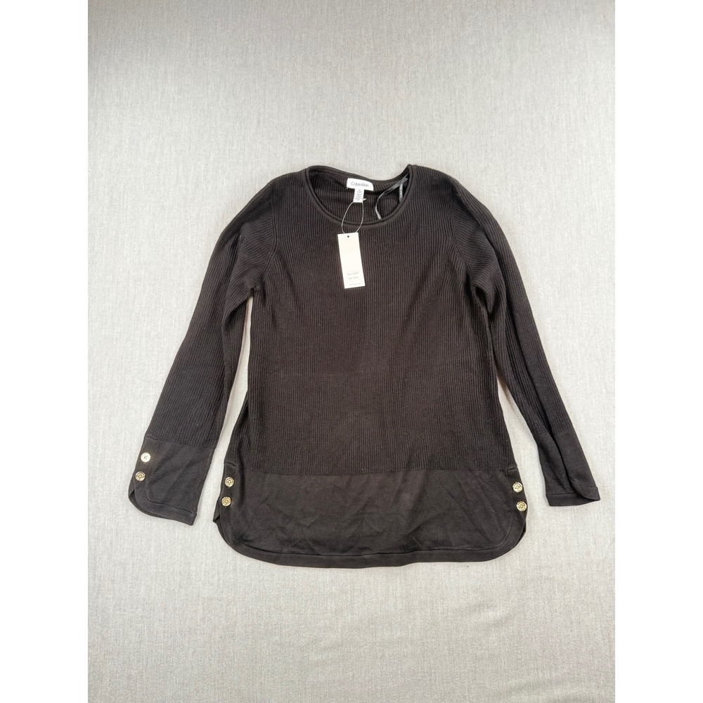Calvin Klein Womens Black Ribbed Knit Long Sleeve Button Trim Sweater Top S NWT